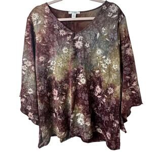 2X Y2k VTG Dressbarn Floral Glitter Top V-Neck Boho Flare Sleeve Fairy Whimsy